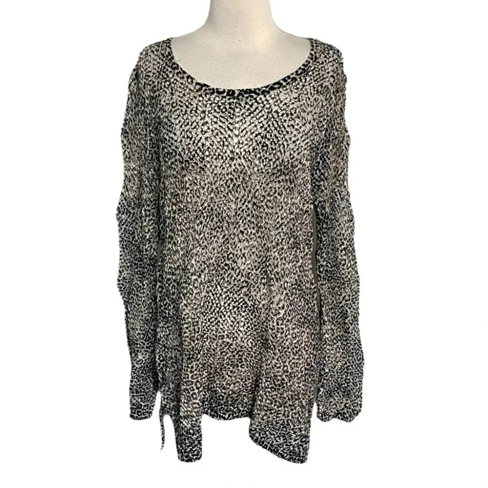 Chico's Open Knit Sweater 2 L Black Animal Print Sharkbite Hem Long Sleeve Tunic